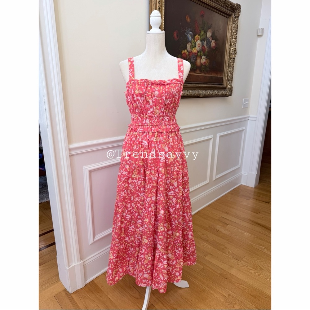 J.Crew Sunny Blooms Pink Floral Smocked Cotton Midi Dress Pockets Ruffle M - Picture 10 of 10